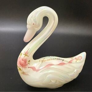 Vintage FENTON “1st Anniversary” Opalescent Handpainted Flowers 4” Swan Figurine